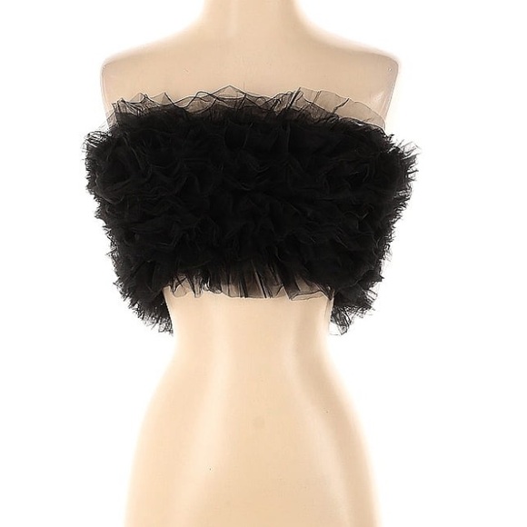 ZARA Black Tulle Ruffle Strapless Crop Top - Picture 3 of 9
